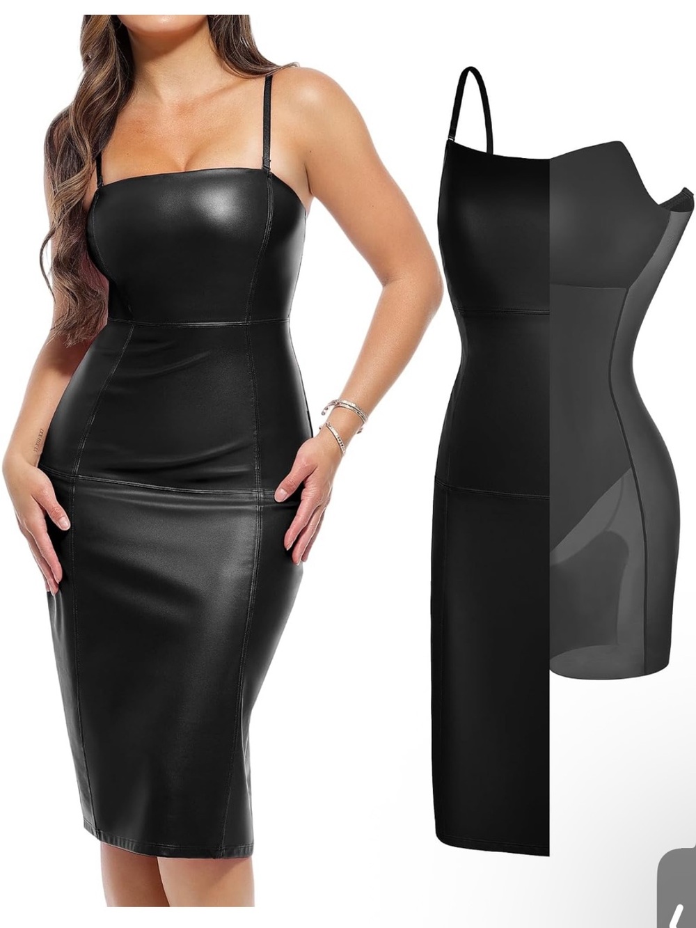 Popilush Black Faux Leather Bodycon Midi Dress